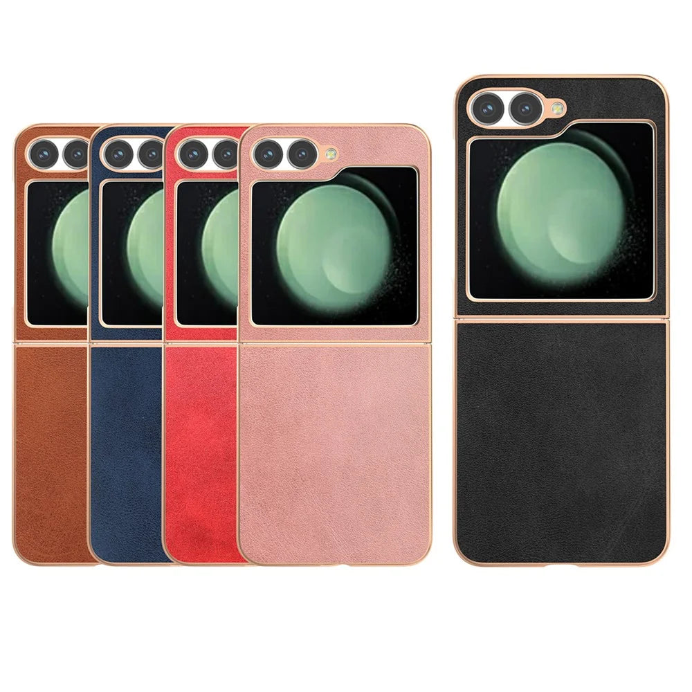 For Samsung Galaxy Z Flip7 FE 5G / Z Flip6 5G Case Electroplating Phone Cover Cowhide Texture PU+TPU Protective Case - Black - 6