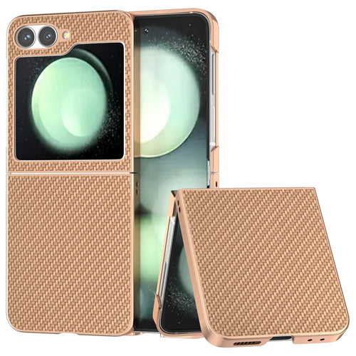 For Samsung Galaxy Z Flip7 FE 5G / Z Flip6 5G Case Electroplating Phone Cover Carbon Fiber Texture PU+TPU Protective Case - Beige - 1