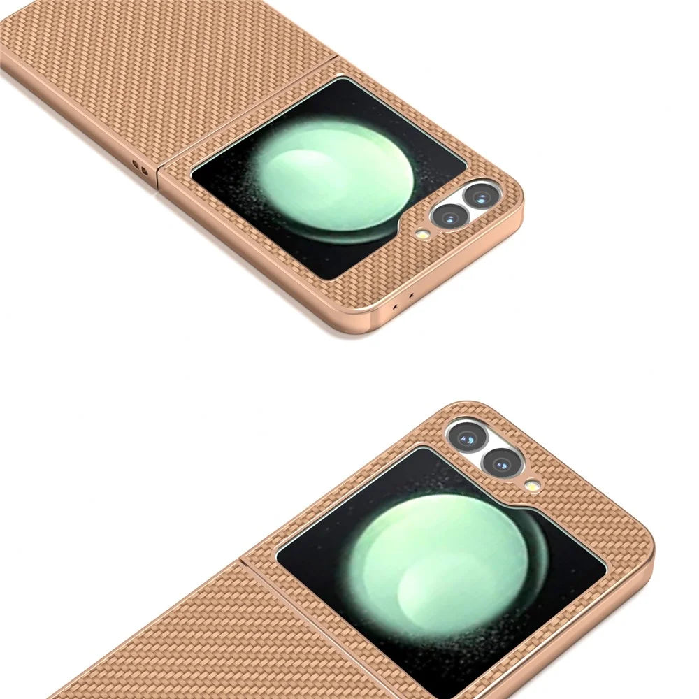 For Samsung Galaxy Z Flip7 FE 5G / Z Flip6 5G Case Electroplating Phone Cover Carbon Fiber Texture PU+TPU Protective Case - Beige - 4