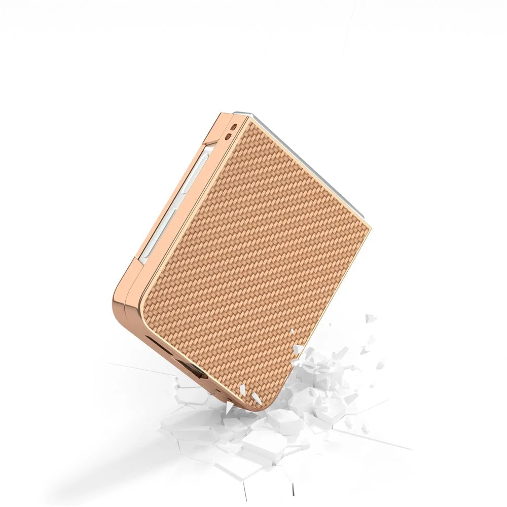 For Samsung Galaxy Z Flip7 FE 5G / Z Flip6 5G Case Electroplating Phone Cover Carbon Fiber Texture PU+TPU Protective Case - Beige - 5