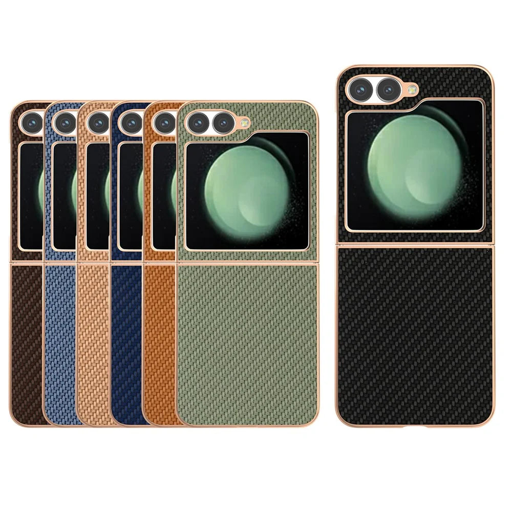 For Samsung Galaxy Z Flip7 FE 5G / Z Flip6 5G Case Electroplating Phone Cover Carbon Fiber Texture PU+TPU Protective Case - Beige - 6