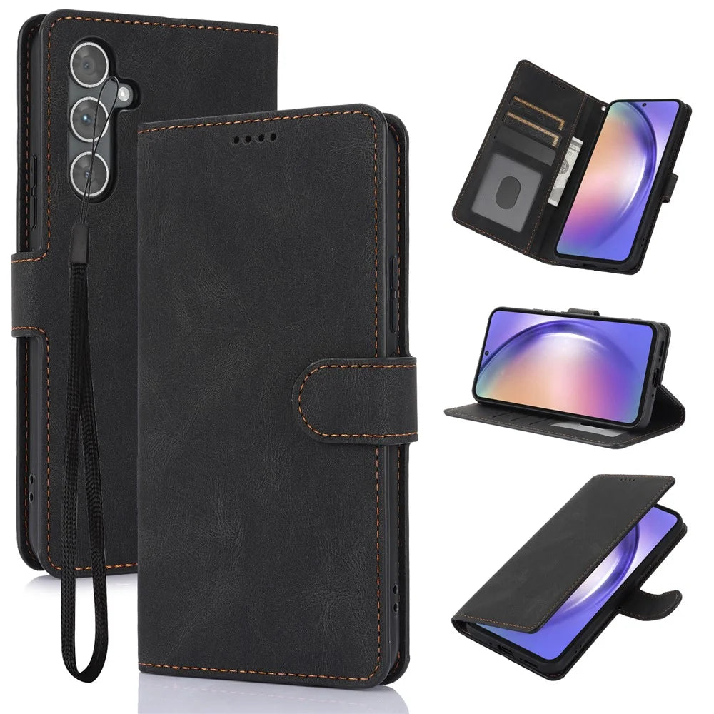 For Samsung Galaxy S25+ Case PU Leather Phone Cover with Wallet Stand View - Black - 1