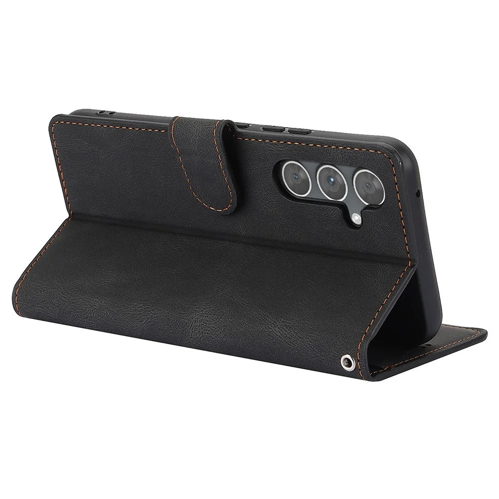 For Samsung Galaxy S25 Case PU Leather Phone Cover with Wallet Stand View - Black - 3