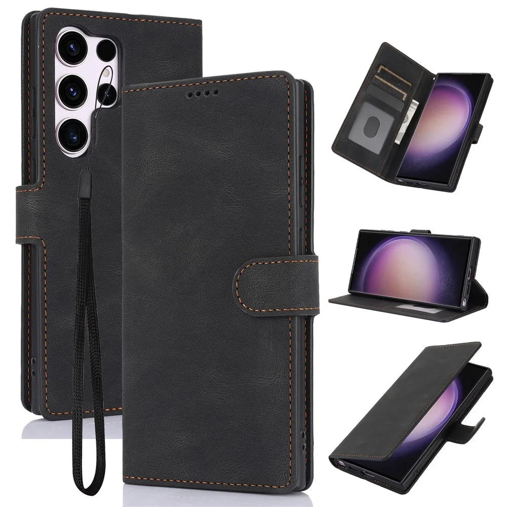 For Samsung Galaxy S25 Ultra Case PU Leather Phone Cover with Wallet Stand View - Black - 1