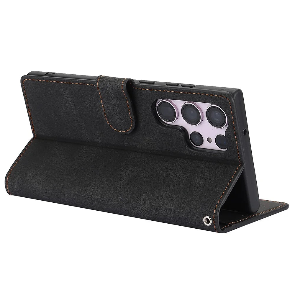 For Samsung Galaxy S25 Ultra Case PU Leather Phone Cover with Wallet Stand View - Black - 3