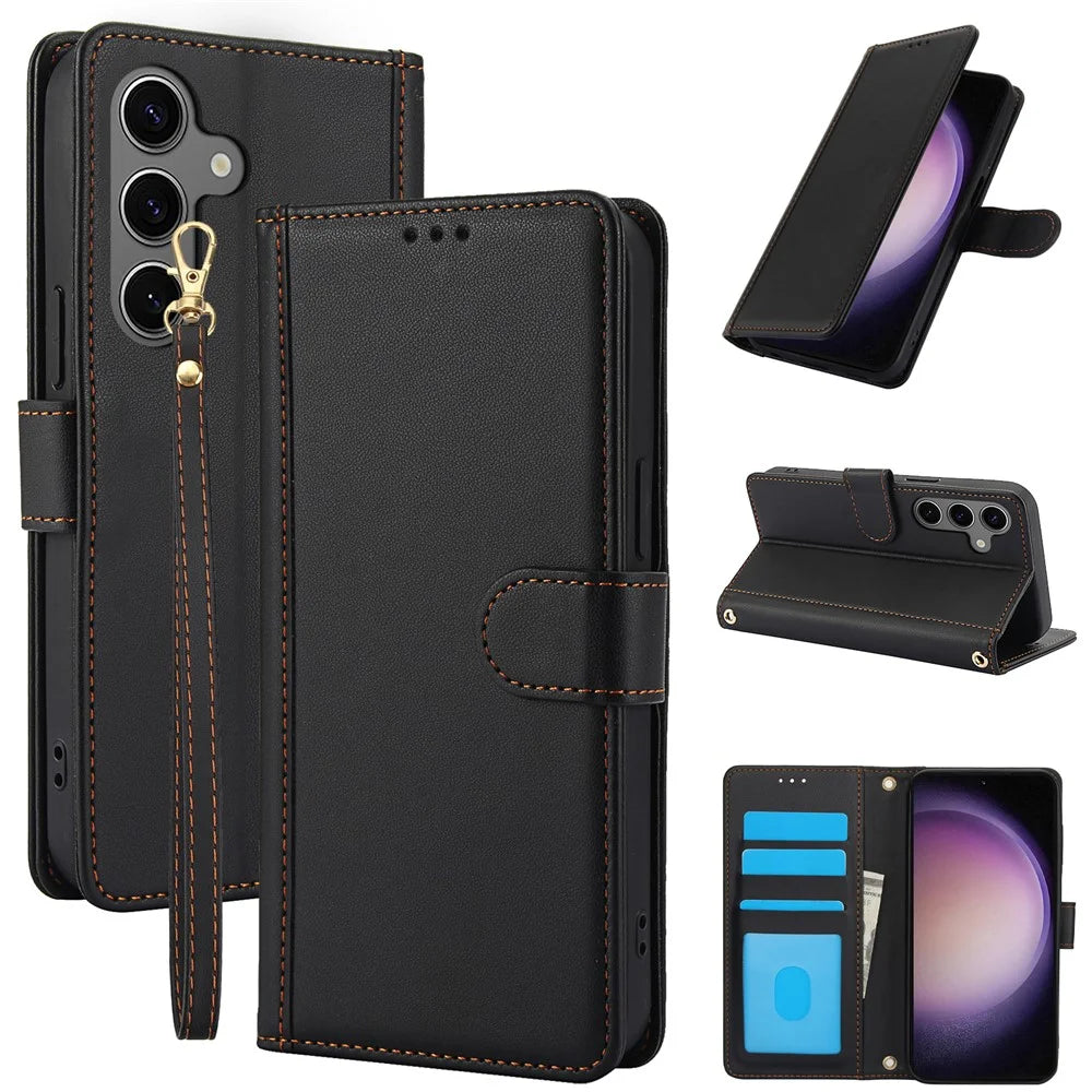 SY-003 For Samsung Galaxy S25+ Case PU Leather Stand View Phone Wallet Cover with Hand Strap - Black - 1