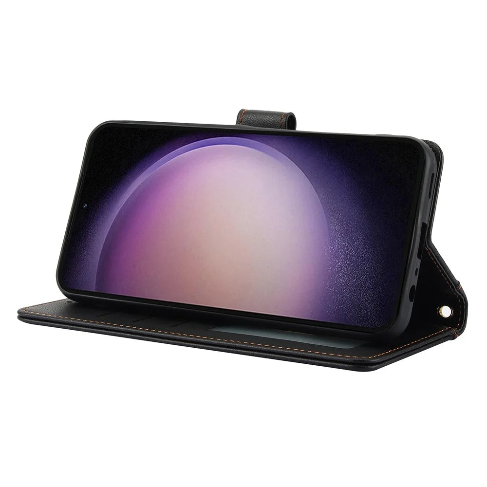 SY-003 For Samsung Galaxy S25+ Case PU Leather Stand View Phone Wallet Cover with Hand Strap - Black - 3