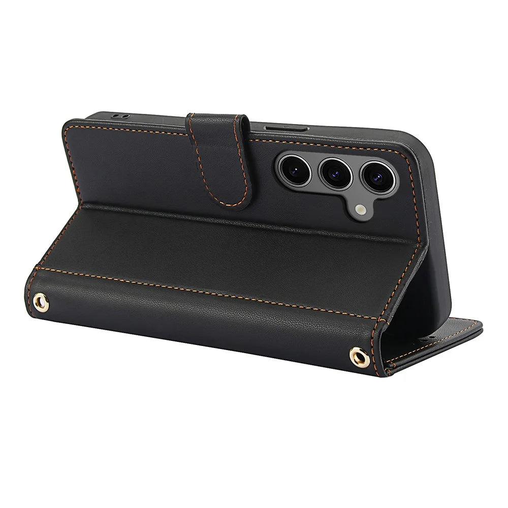 SY-003 For Samsung Galaxy S25+ Case PU Leather Stand View Phone Wallet Cover with Hand Strap - Black - 4