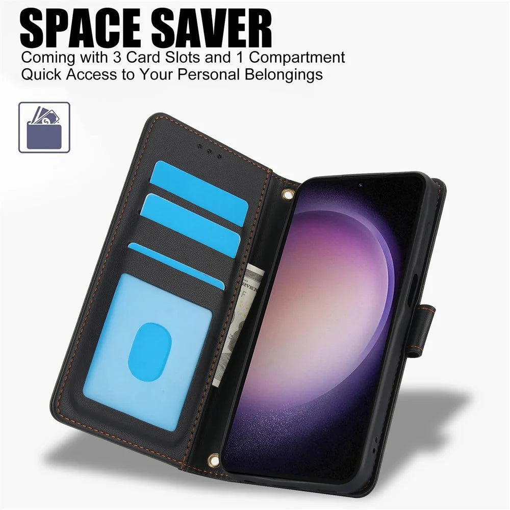 SY-003 For Samsung Galaxy S25+ Case PU Leather Stand View Phone Wallet Cover with Hand Strap - Black - 6