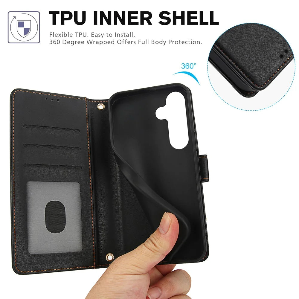 SY-003 For Samsung Galaxy S25+ Case PU Leather Stand View Phone Wallet Cover with Hand Strap - Black - 7
