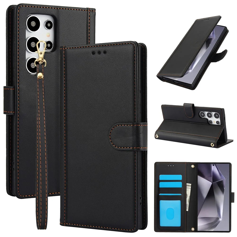 SY-003 For Samsung Galaxy S25 Ultra Case PU Leather Stand View Phone Wallet Cover with Hand Strap - Black - 1