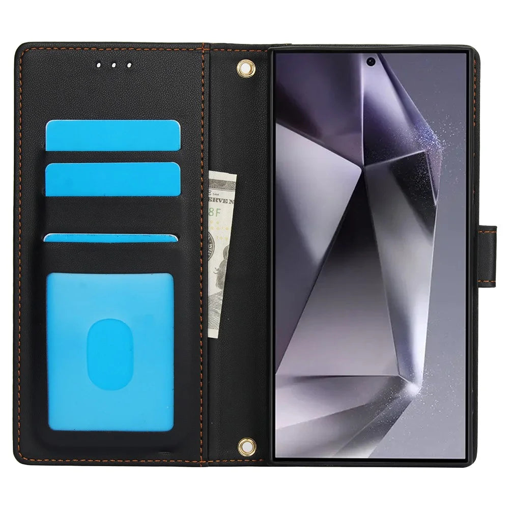 SY-003 For Samsung Galaxy S25 Ultra Case PU Leather Stand View Phone Wallet Cover with Hand Strap - Black - 2