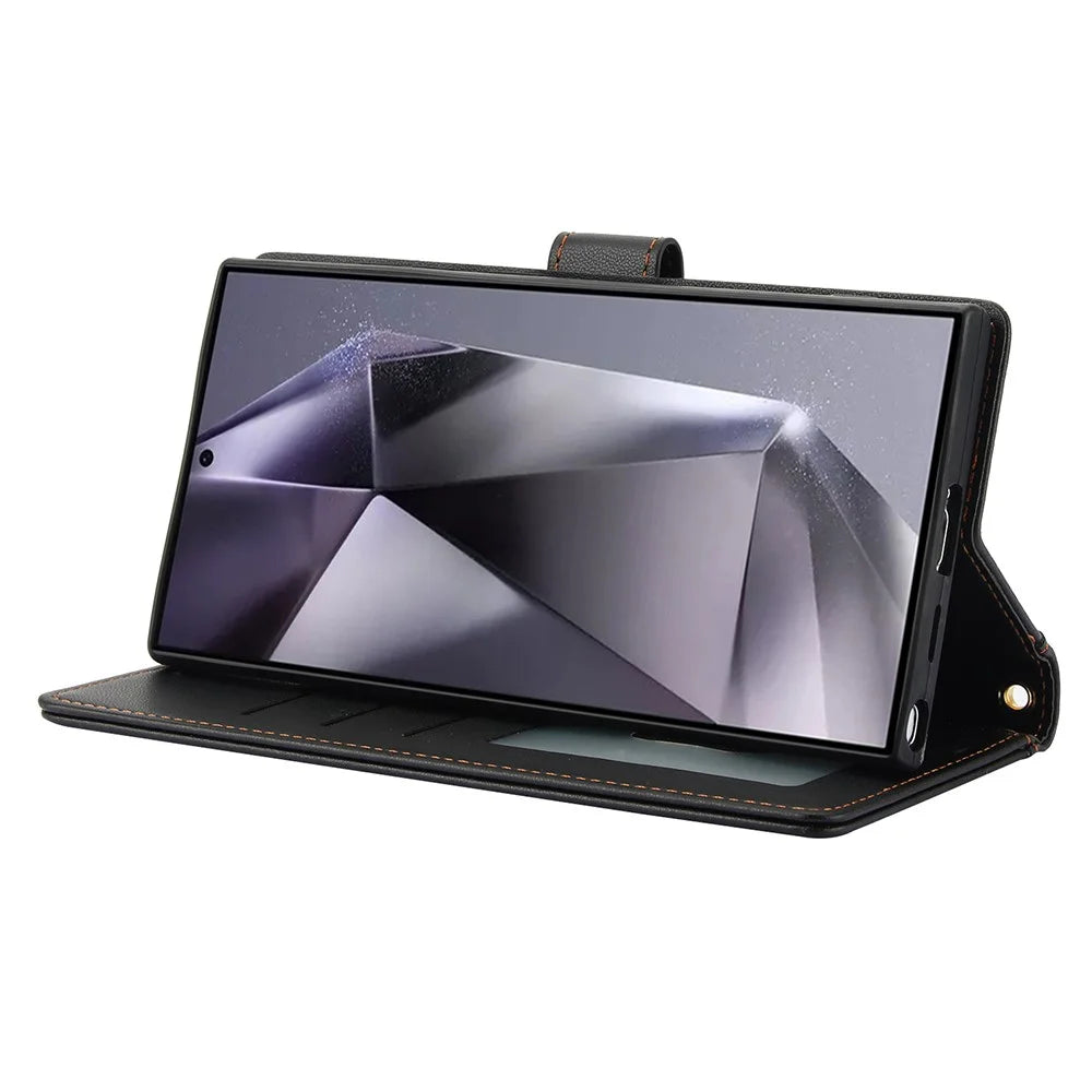 SY-003 For Samsung Galaxy S25 Ultra Case PU Leather Stand View Phone Wallet Cover with Hand Strap - Black - 3
