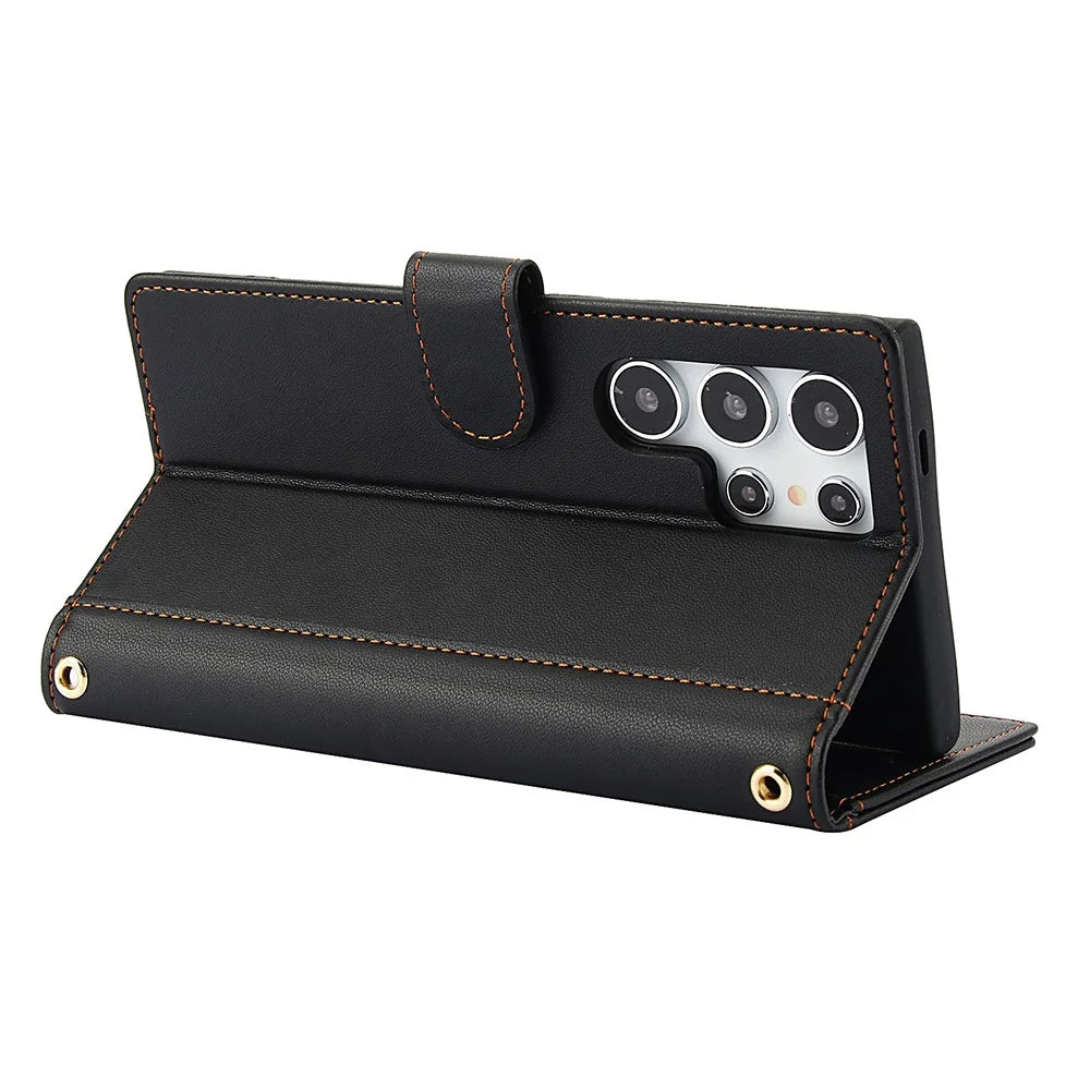 SY-003 For Samsung Galaxy S25 Ultra Case PU Leather Stand View Phone Wallet Cover with Hand Strap - Black - 4