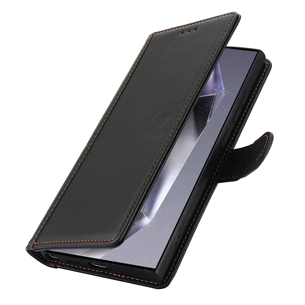 SY-003 For Samsung Galaxy S25 Ultra Case PU Leather Stand View Phone Wallet Cover with Hand Strap - Black - 5