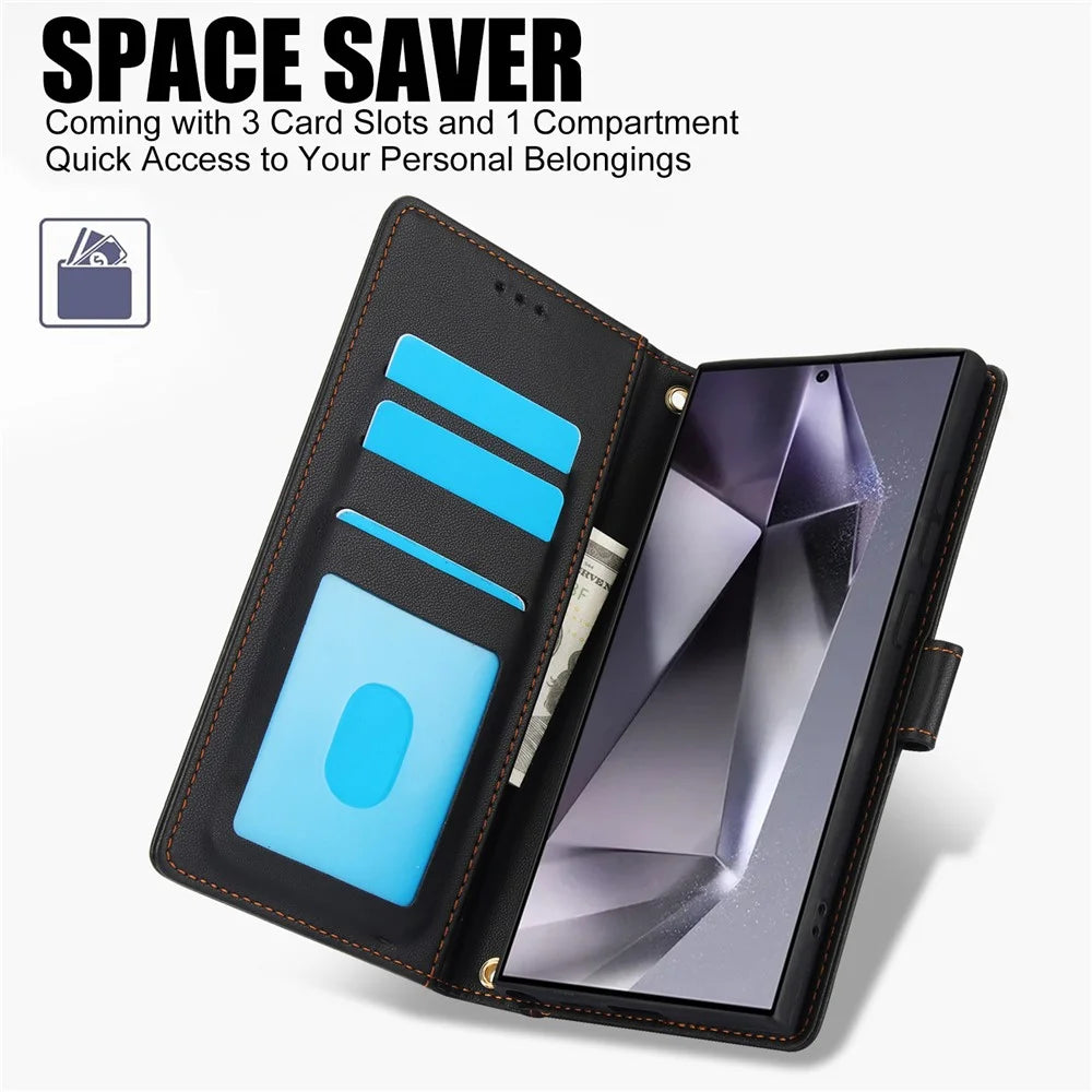 SY-003 For Samsung Galaxy S25 Ultra Case PU Leather Stand View Phone Wallet Cover with Hand Strap - Black - 6