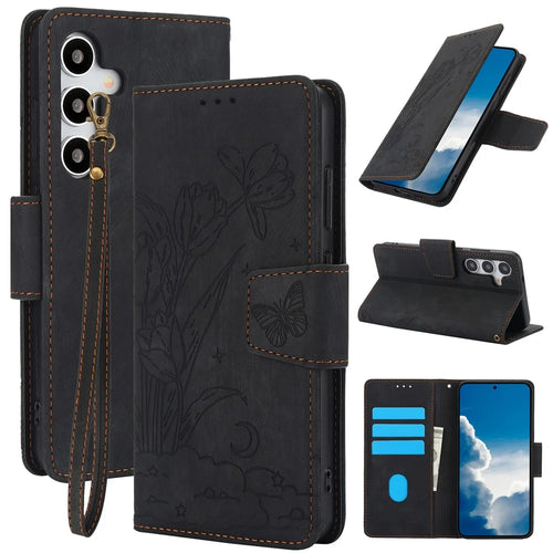 SY-001 For Samsung Galaxy S25 Case Flower Butterfly Leather Wallet Phone Cover with Hand Strap - Black - 1