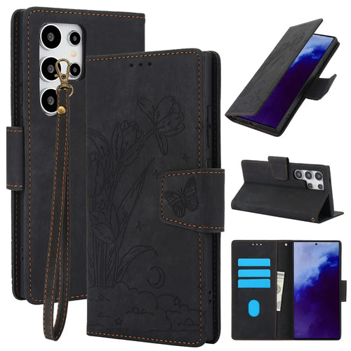 SY-001 For Samsung Galaxy S25 Ultra Case Flower Butterfly Leather Wallet Phone Cover with Hand Strap - Black - 1