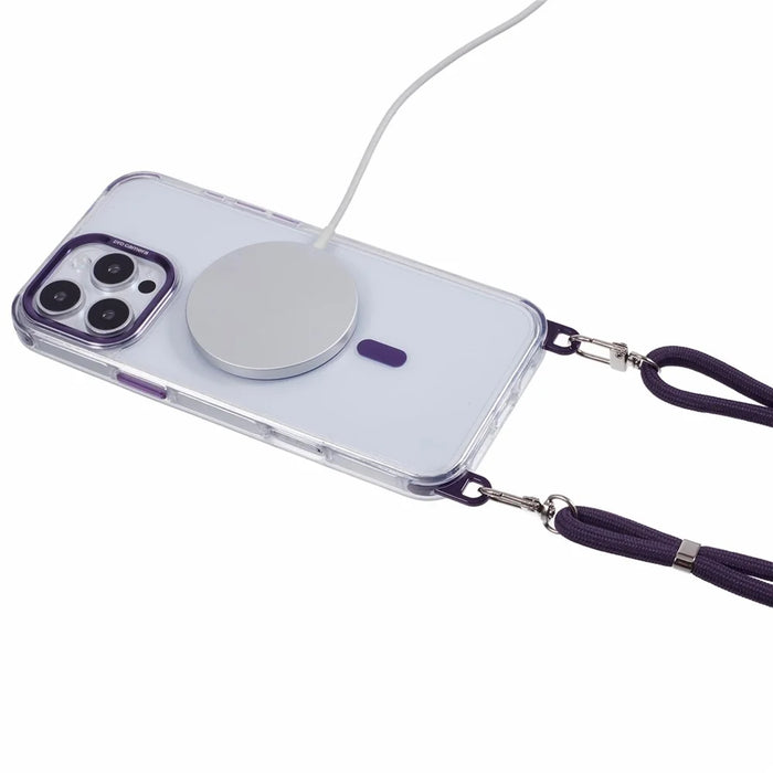 For iPhone 16 Pro Max Clear Case Compatible with MagSafe Shockproof PC+TPU Phone Cover with 150cm Long Lanyard - Purple - 3