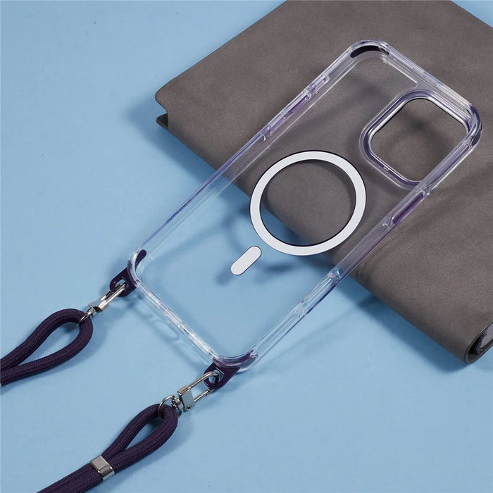 For iPhone 16 Pro Max Clear Case Compatible with MagSafe Shockproof PC+TPU Phone Cover with 150cm Long Lanyard - Purple - 5