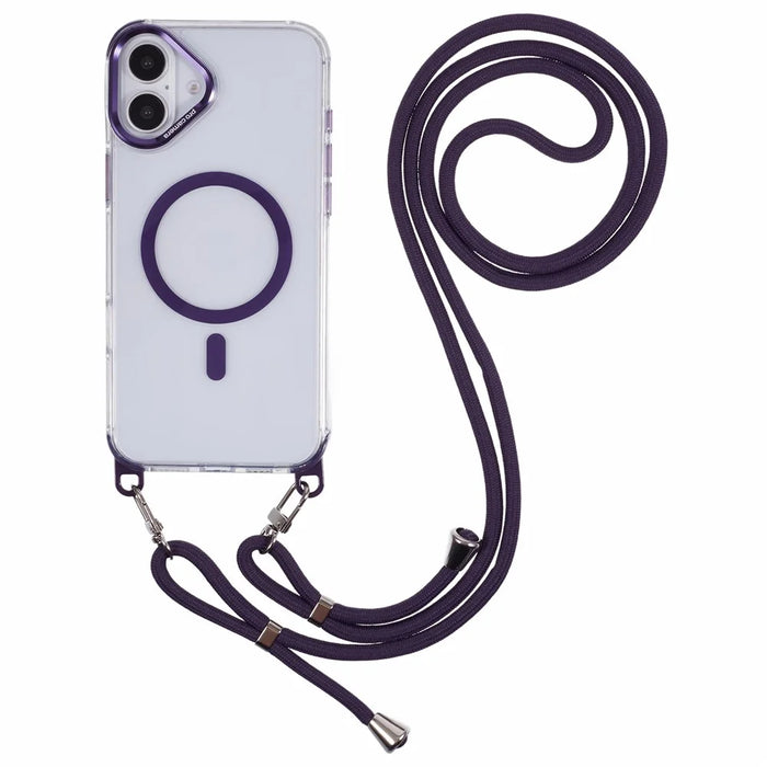 For iPhone 16 Plus Clear Case Compatible with MagSafe Shockproof PC+TPU Phone Cover with 150cm Long Lanyard - Purple - 1