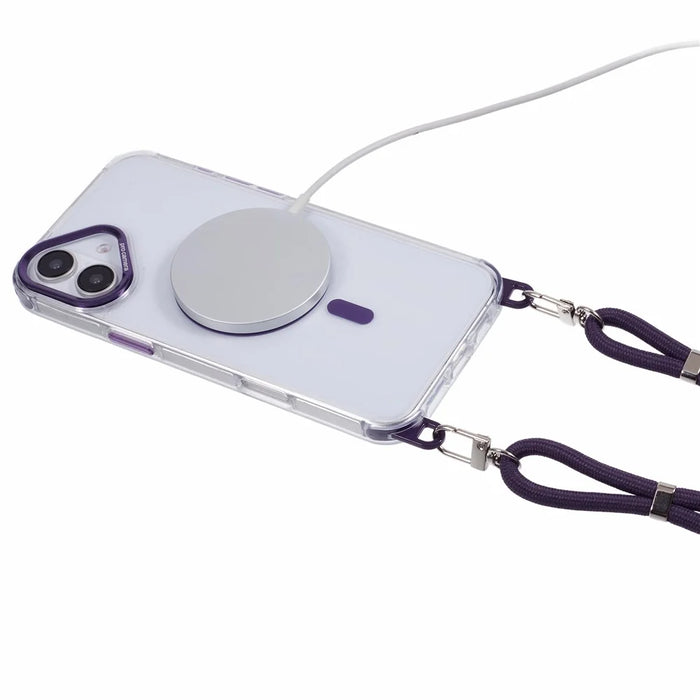 For iPhone 16 Plus Clear Case Compatible with MagSafe Shockproof PC+TPU Phone Cover with 150cm Long Lanyard - Purple - 3