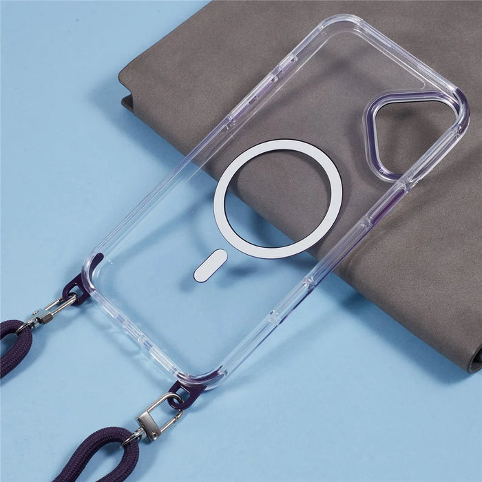 For iPhone 16 Plus Clear Case Compatible with MagSafe Shockproof PC+TPU Phone Cover with 150cm Long Lanyard - Purple - 5