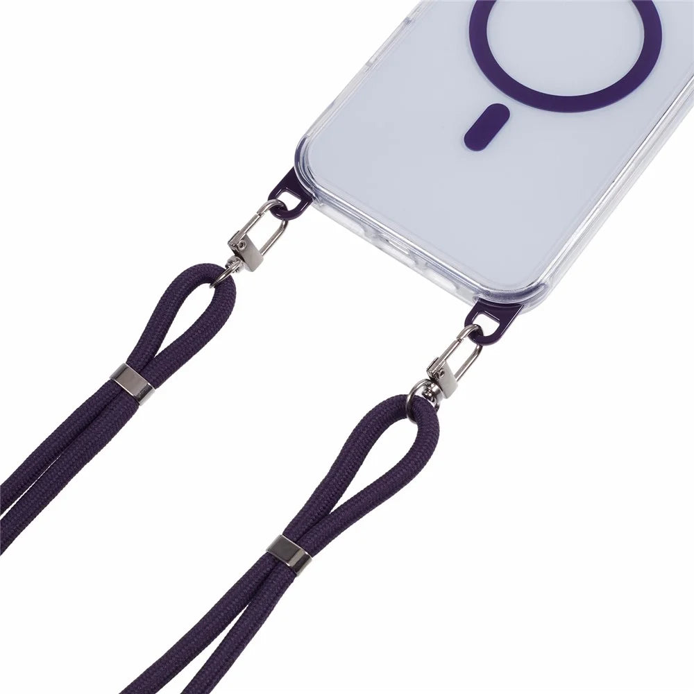 For iPhone 16 Pro Clear Case Compatible with MagSafe Shockproof PC+TPU Phone Cover with 150cm Long Lanyard - Purple - 4