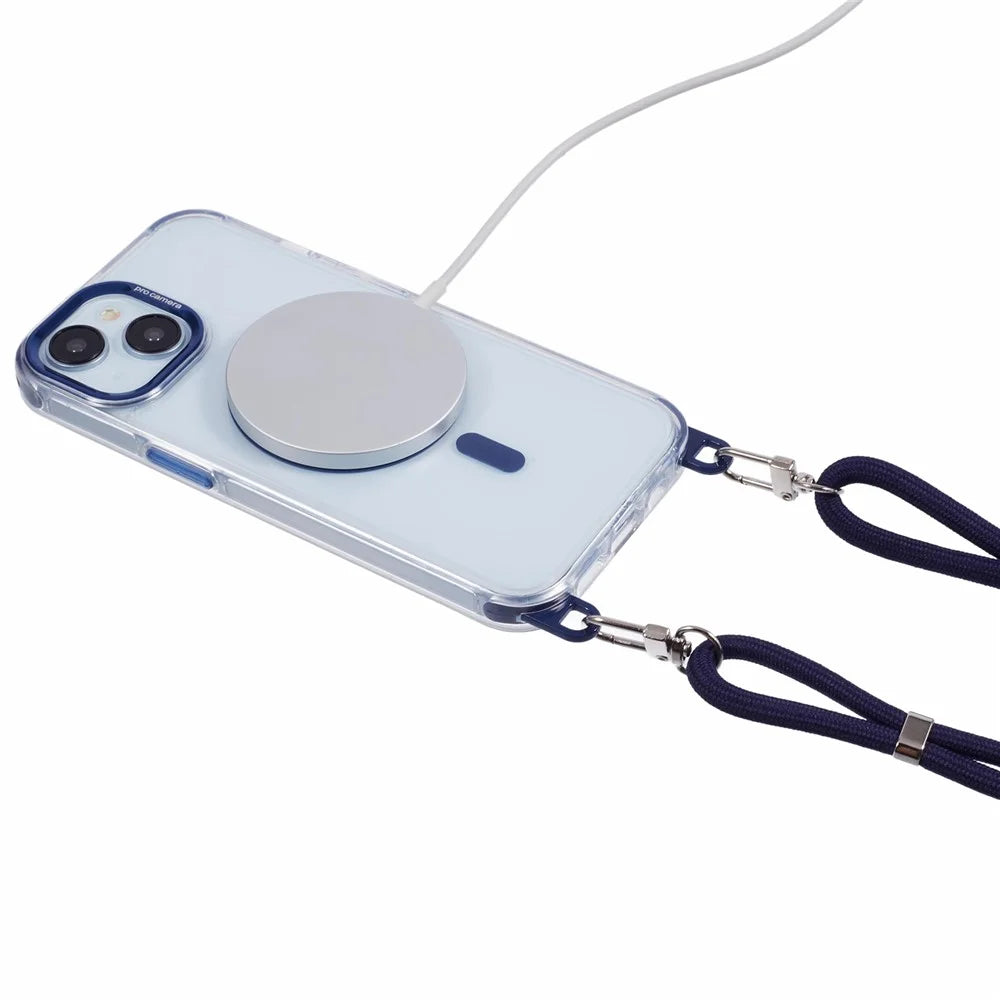 For iPhone 15 Clear Case Compatible with MagSafe Shockproof PC+TPU Phone Cover with 150cm Long Lanyard - Blue - 3