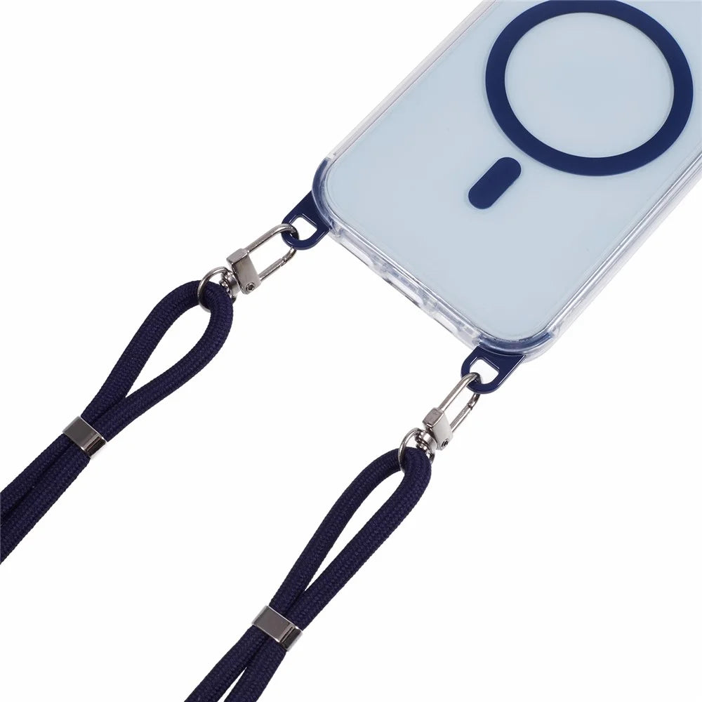 For iPhone 15 Clear Case Compatible with MagSafe Shockproof PC+TPU Phone Cover with 150cm Long Lanyard - Blue - 4