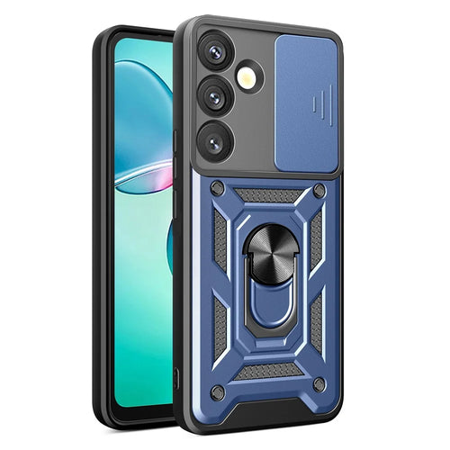 For Samsung Galaxy S25 Case with Slide Camera Lid PC+TPU Kickstand Phone Cover - Blue - 1