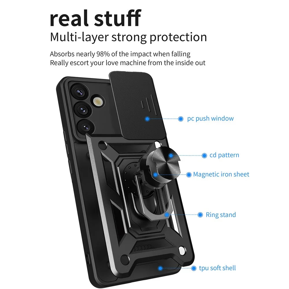 For Samsung Galaxy S25 Case with Slide Camera Lid PC+TPU Kickstand Phone Cover - Blue - 6