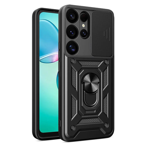 For Samsung Galaxy S25 Ultra Case with Slide Camera Lid PC+TPU Kickstand Phone Cover - Black - 1