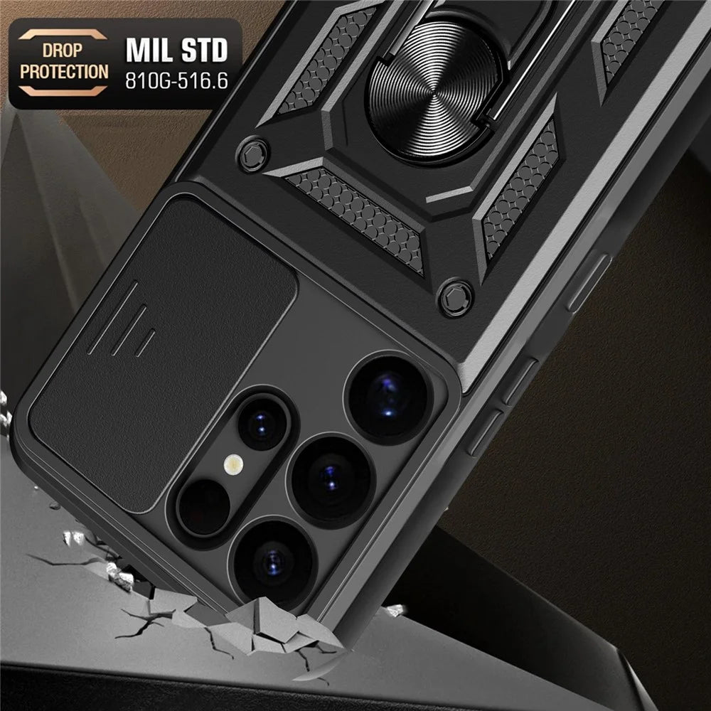 For Samsung Galaxy S25 Ultra Case with Slide Camera Lid PC+TPU Kickstand Phone Cover - Black - 2