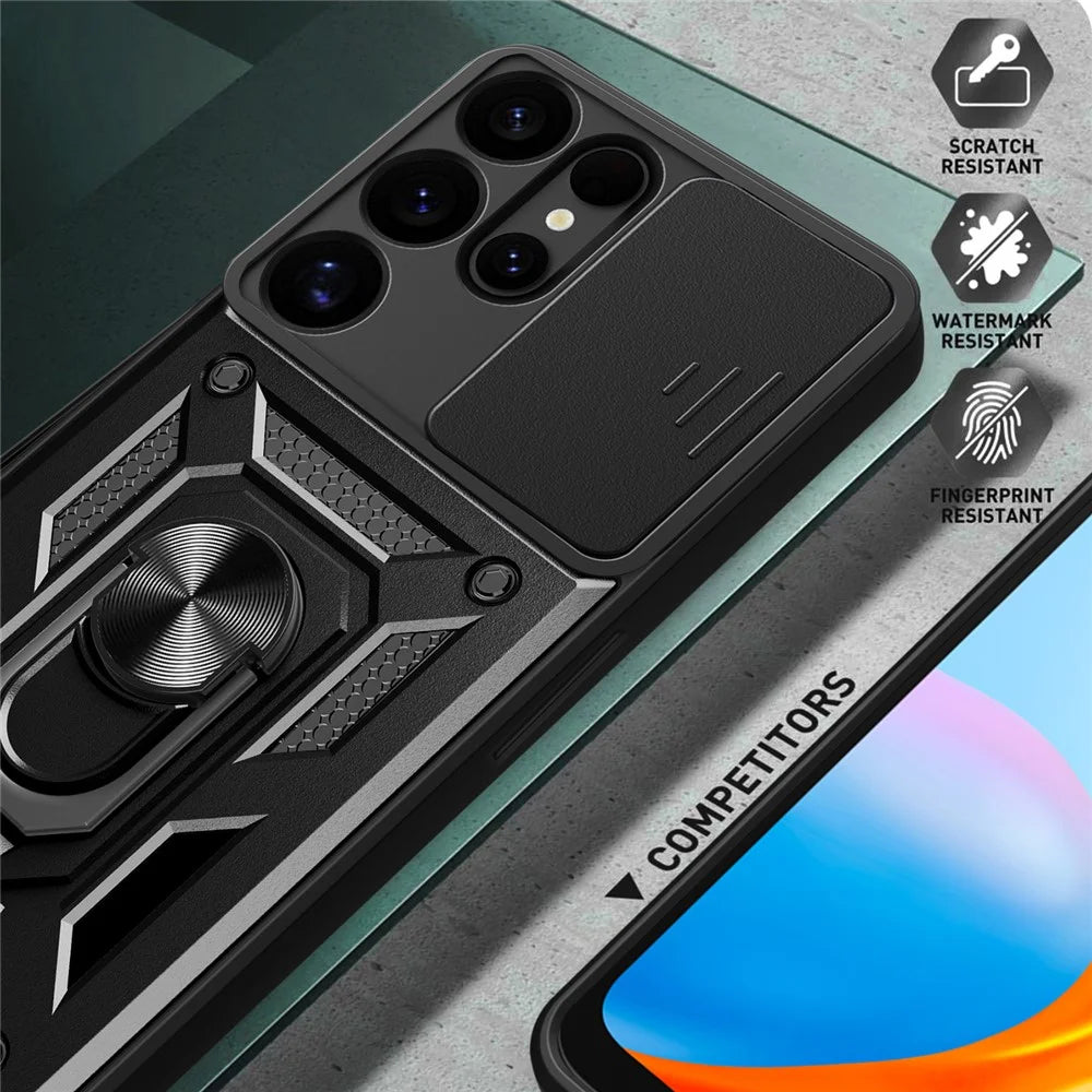 For Samsung Galaxy S25 Ultra Case with Slide Camera Lid PC+TPU Kickstand Phone Cover - Black - 3
