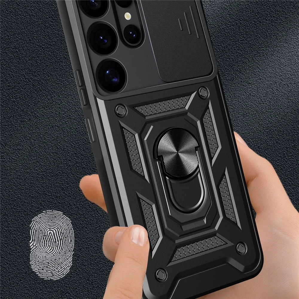 For Samsung Galaxy S25 Ultra Case with Slide Camera Lid PC+TPU Kickstand Phone Cover - Black - 4