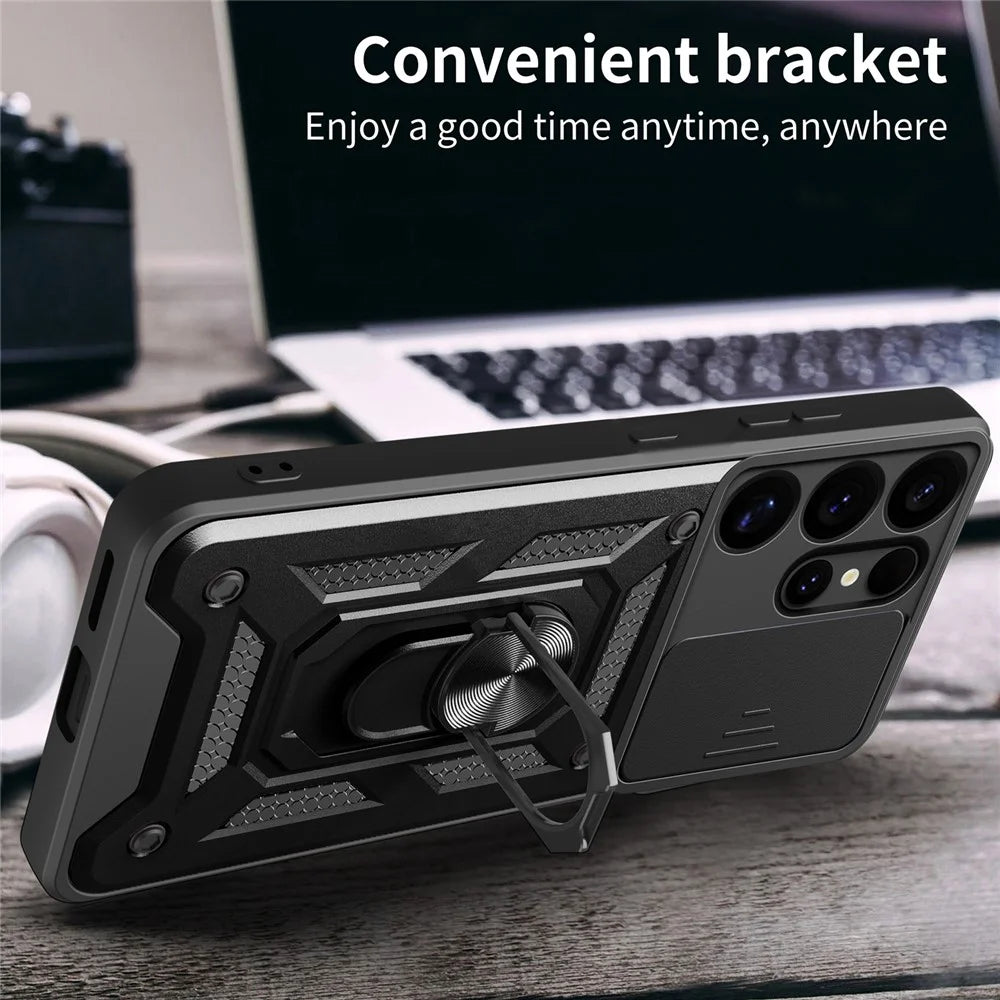 For Samsung Galaxy S25 Ultra Case with Slide Camera Lid PC+TPU Kickstand Phone Cover - Black - 5
