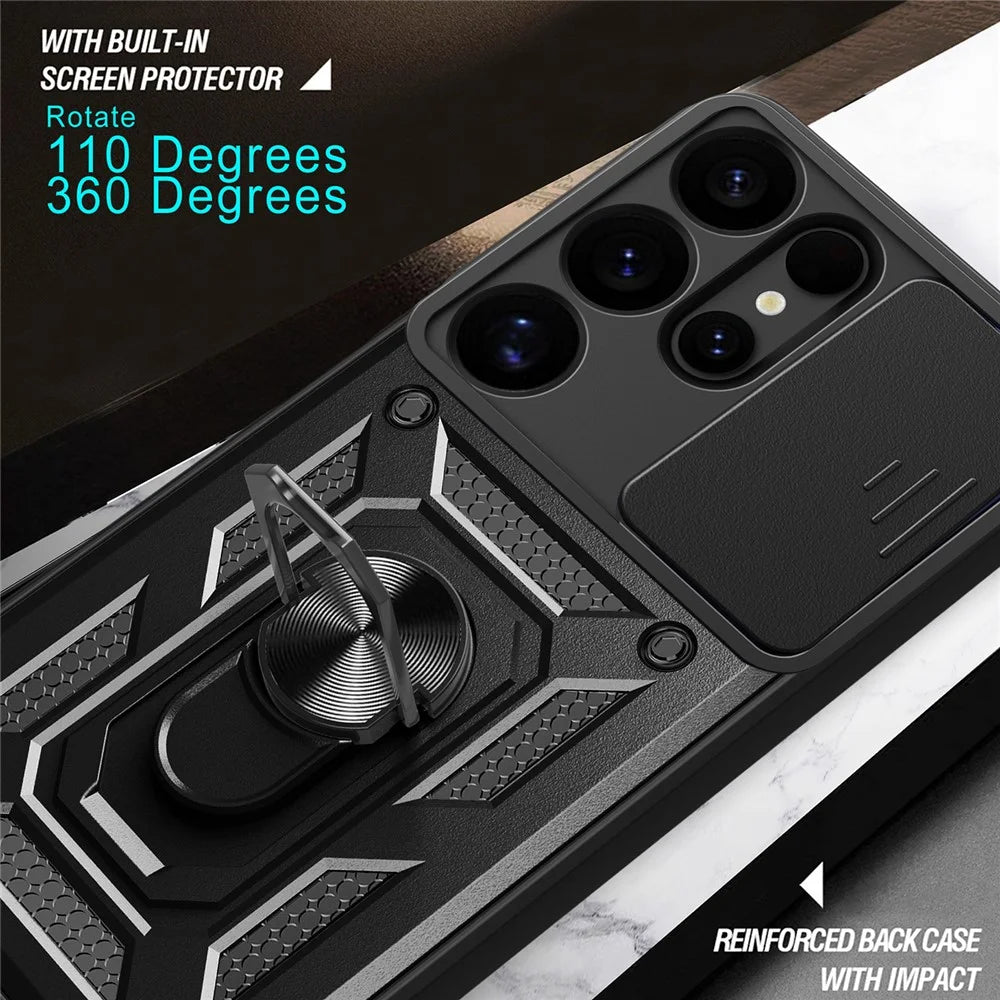 For Samsung Galaxy S25 Ultra Case with Slide Camera Lid PC+TPU Kickstand Phone Cover - Black - 6