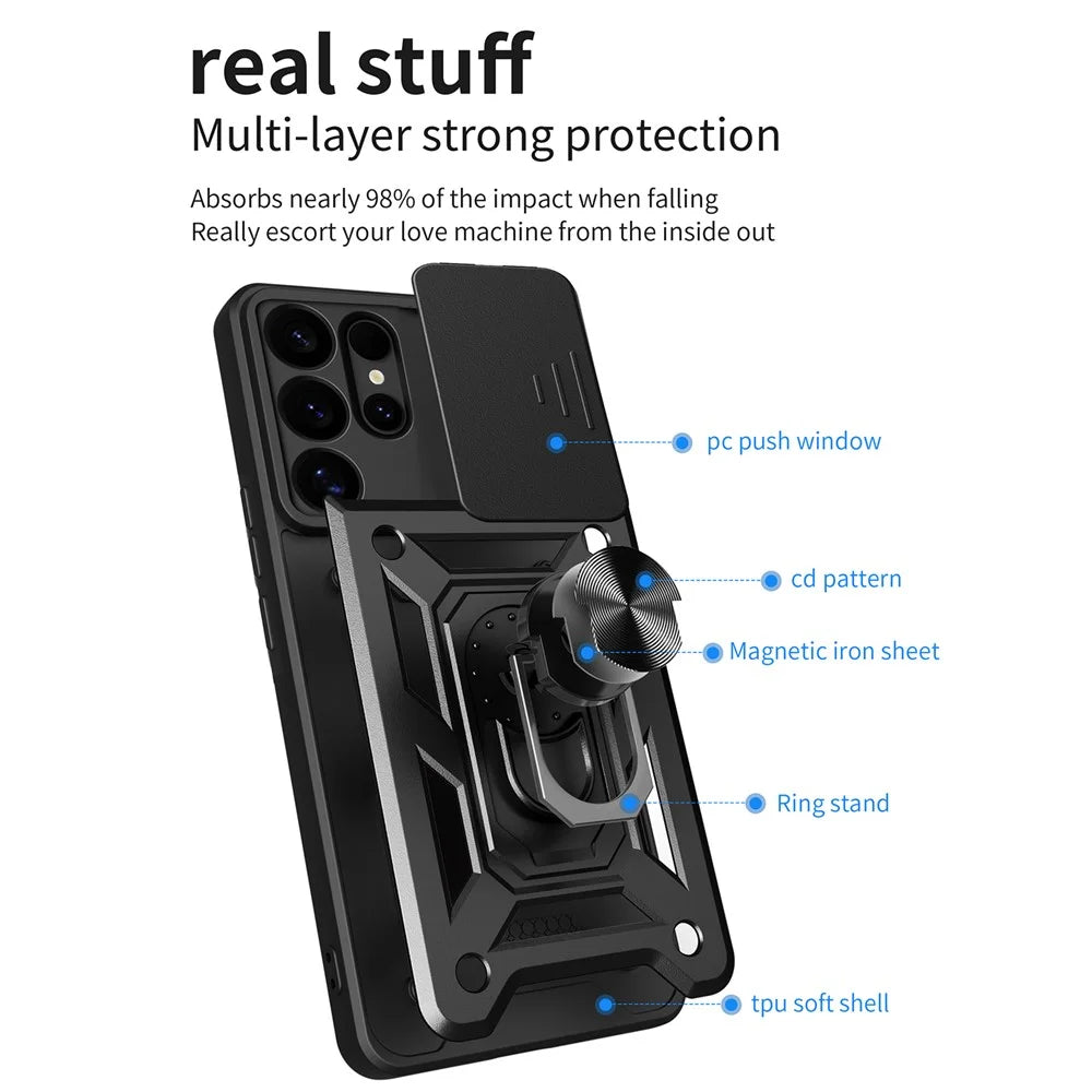 For Samsung Galaxy S25 Ultra Case with Slide Camera Lid PC+TPU Kickstand Phone Cover - Black - 7