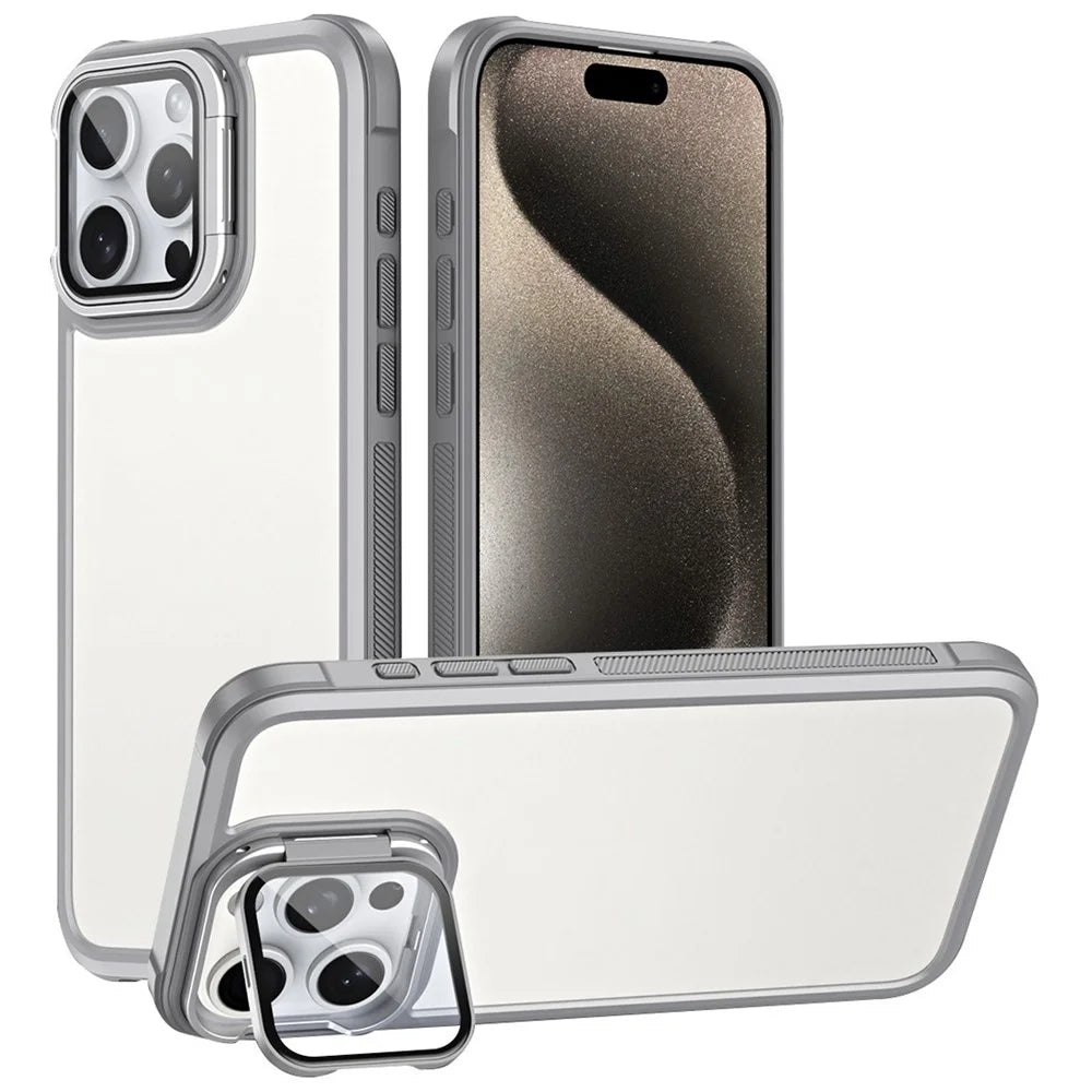 For iPhone 15 Pro Case with Lens Cover Kickstand Skin-Touch PC+TPU Phone Back Cover - Grey - 1