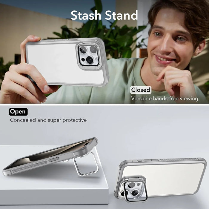 For iPhone 15 Pro Case with Lens Cover Kickstand Skin-Touch PC+TPU Phone Back Cover - Grey - 2