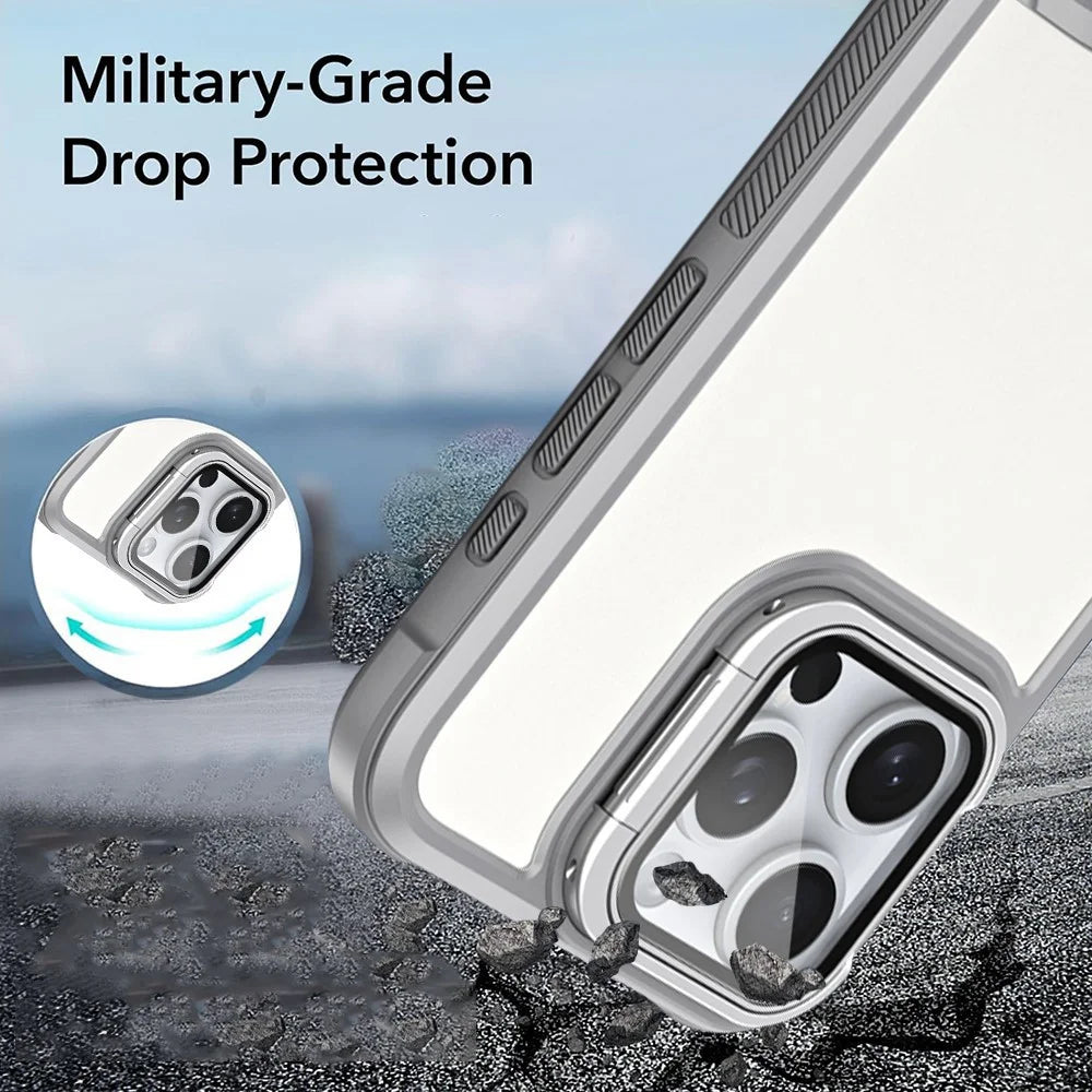 For iPhone 16 Pro Case with Lens Cover Kickstand Skin-Touch PC+TPU Phone Back Cover - Grey - 4