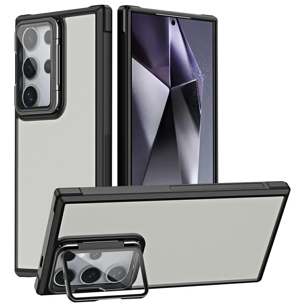 For Samsung Galaxy S24 Ultra Case with Lens Cover Kickstand Skin-Touch PC+TPU Phone Back Cover - Black - 1