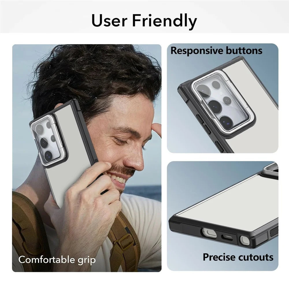 For Samsung Galaxy S24 Ultra Case with Lens Cover Kickstand Skin-Touch PC+TPU Phone Back Cover - Black - 2