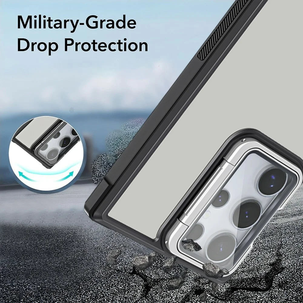 For Samsung Galaxy S24 Ultra Case with Lens Cover Kickstand Skin-Touch PC+TPU Phone Back Cover - Black - 7