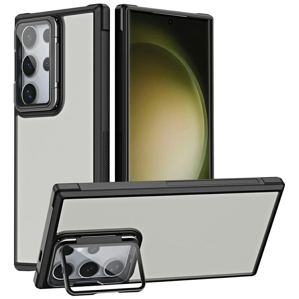 For Samsung Galaxy S23 Ultra Case with Lens Cover Kickstand Skin-Touch PC+TPU Phone Back Cover - Black - 1