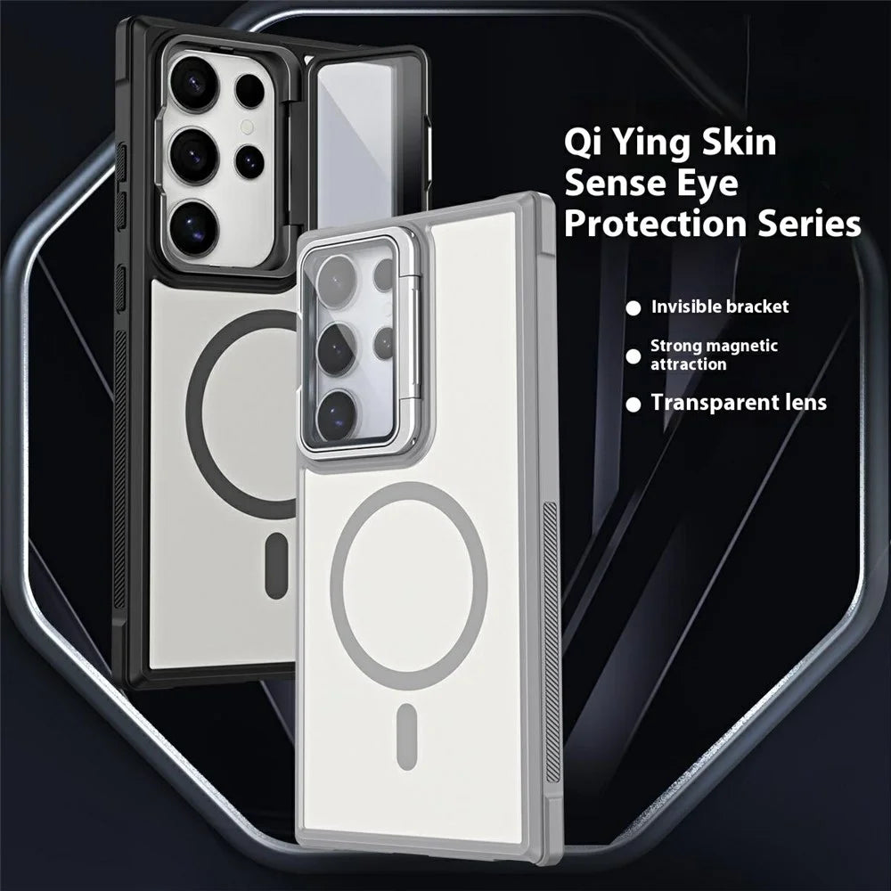 For Samsung Galaxy S24 Ultra Magnetic Case Lens Cover Kickstand Matte Back Cover - Grey - 2