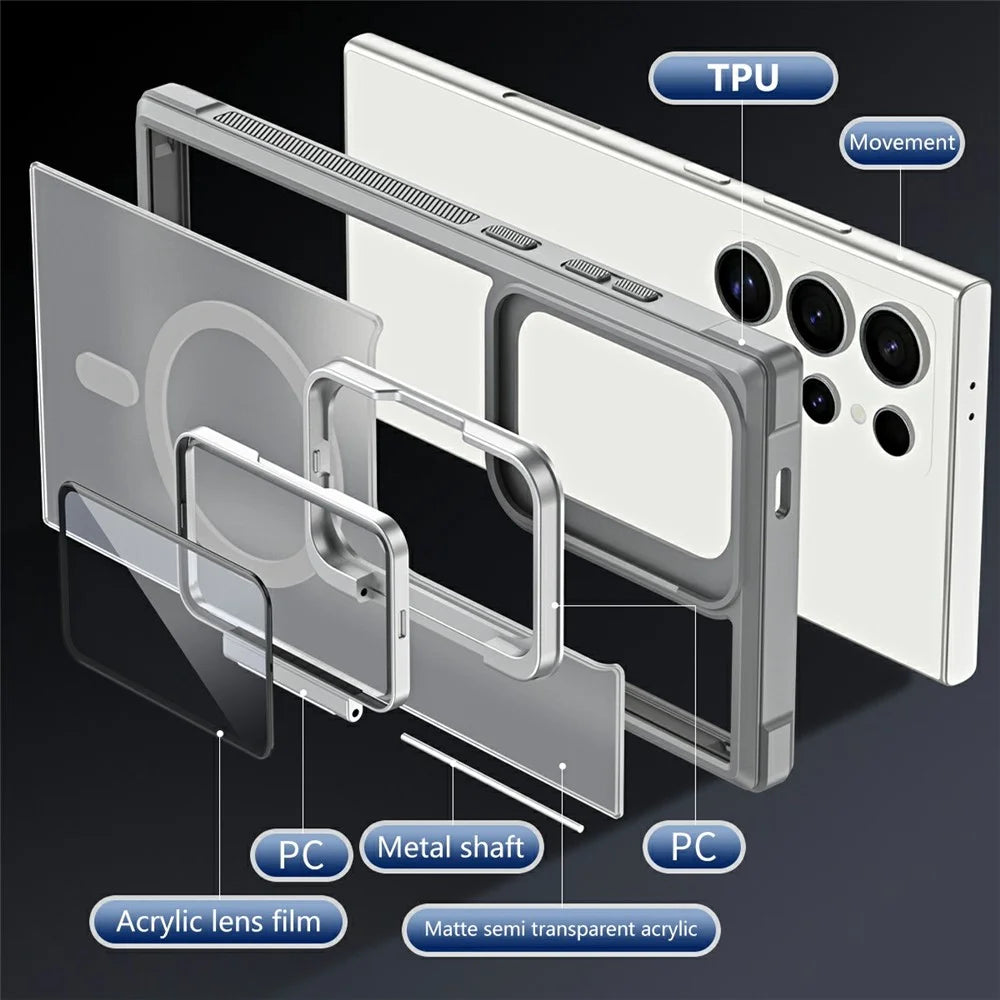 For Samsung Galaxy S24 Ultra Magnetic Case Lens Cover Kickstand Matte Back Cover - Grey - 6