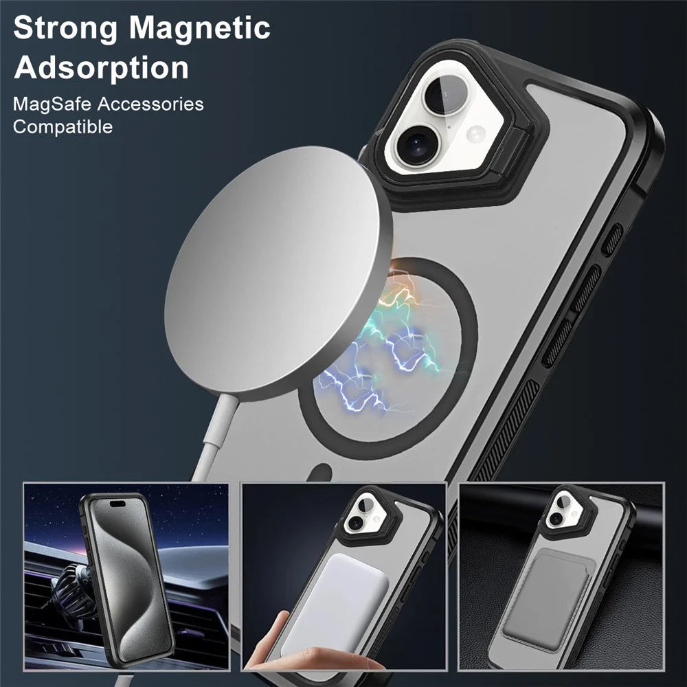 For iPhone 16 Case Compatible with MagSafe Lens Cover Kickstand Matte Back Cover - Black - 2