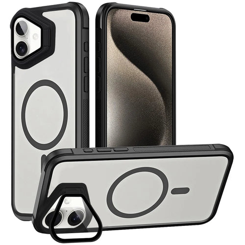 For iPhone 16 Plus Case Compatible with MagSafe Lens Cover Kickstand Matte Back Cover - Black - 1
